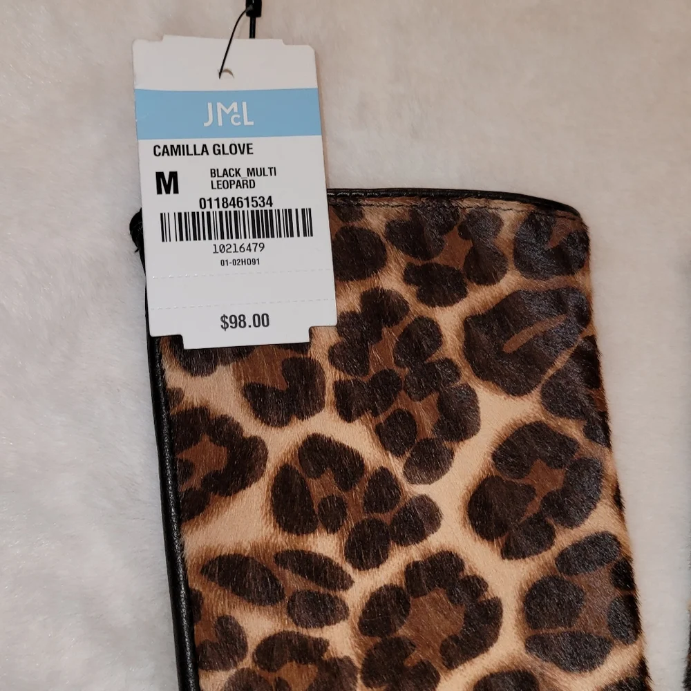J McLaughlin Camilla Leather Leopard Gloves Size Medium New With Tag